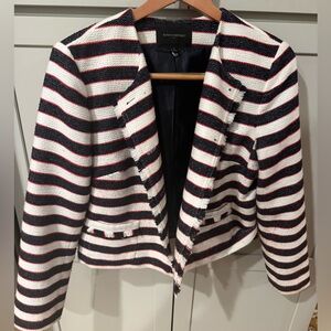 Banana Republic Striped Tweed Jacket | Size 12 | Navy Red Frayed Trim